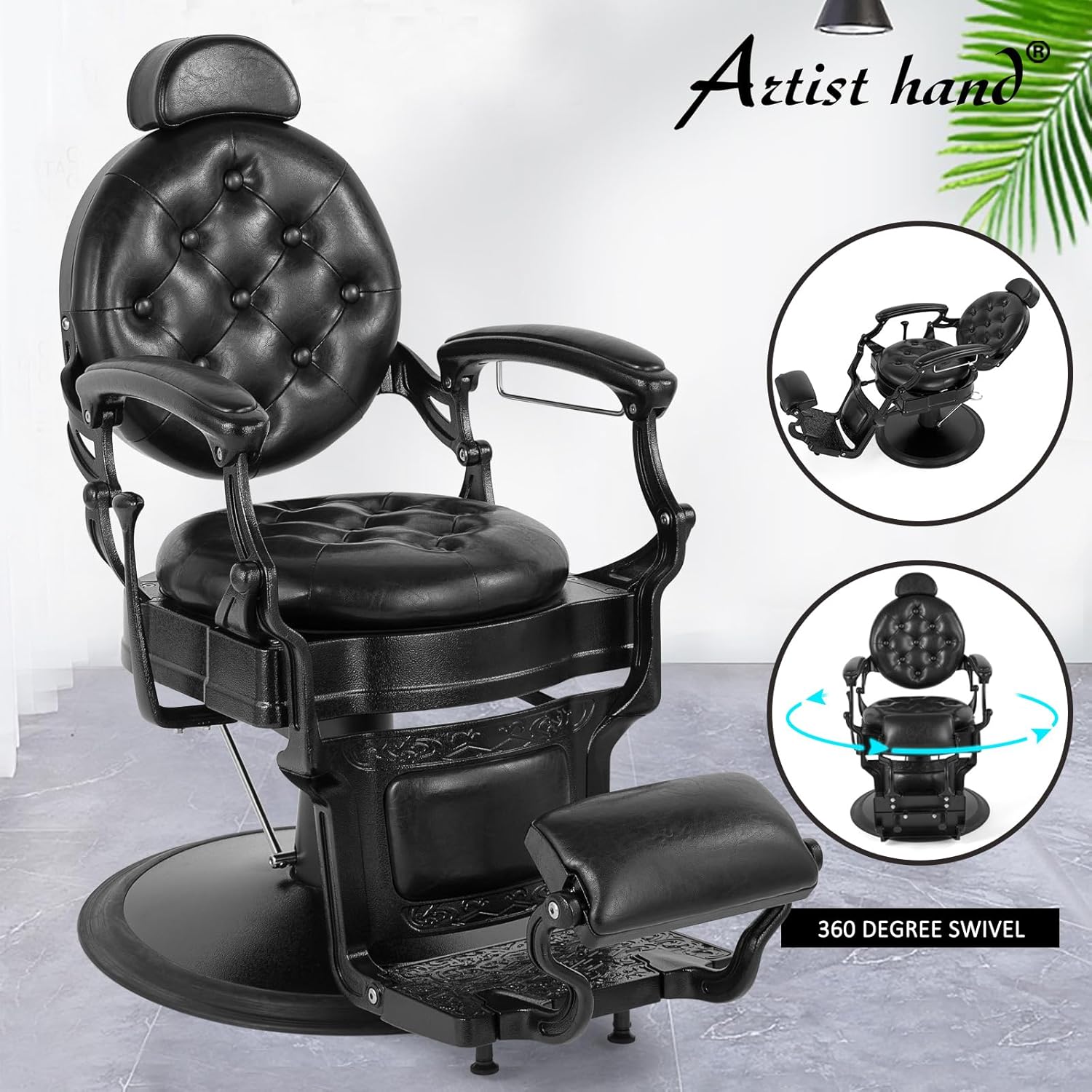 Retro Barber Chair Heavy Duty Barber Chairs Vintage Salon Chair Hydraulic Recline Chair Rounded Cushioning Beauty Spa Styling Equipment(Black)