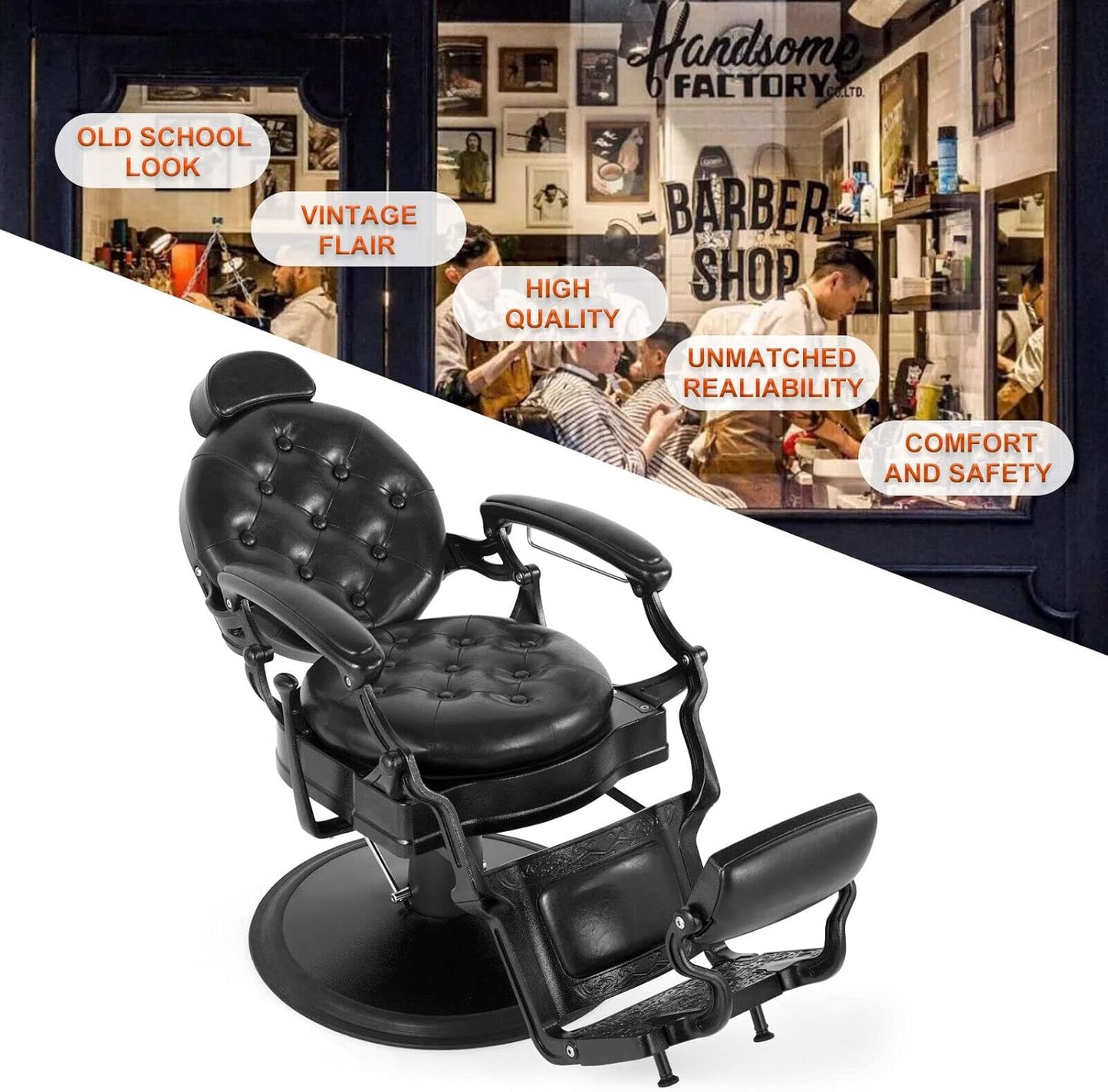 Retro Barber Chair Heavy Duty Barber Chairs Vintage Salon Chair Hydraulic Recline Chair Rounded Cushioning Beauty Spa Styling Equipment(Black)
